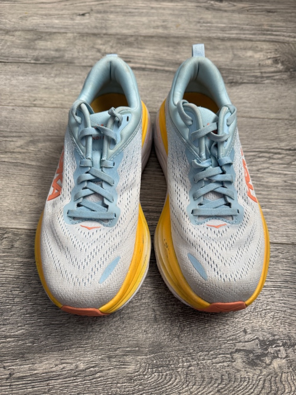 Hoka Light Blue Sneakers with Yellow Midsole and Coral Logo - Picture 3 of 9